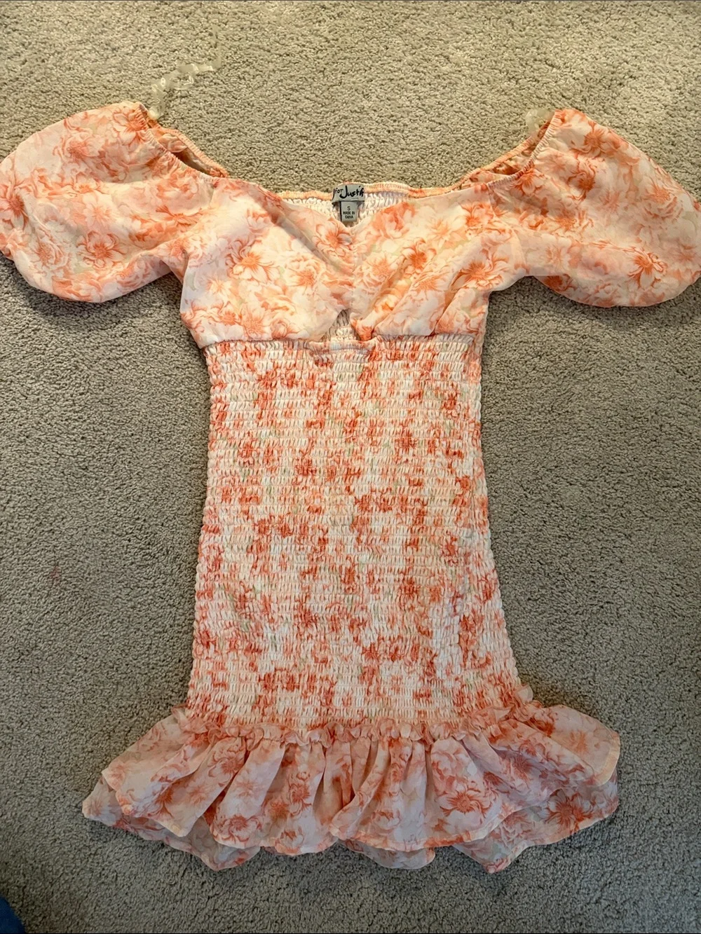 J for Justify Peach Floral Smocked Puff Sleeve Dress